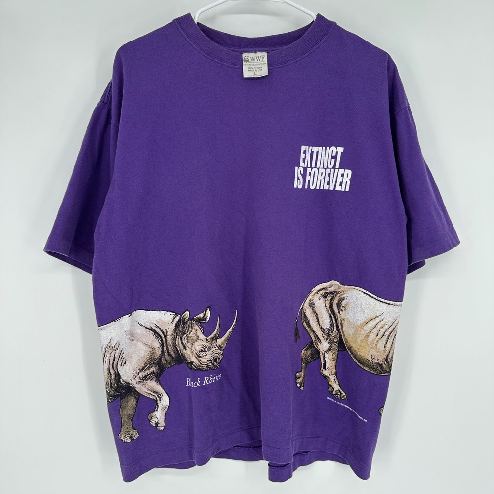 Vintage 90s WWF World Wildlife Fund Black Rhino Purple T-Shirt Large USA Made